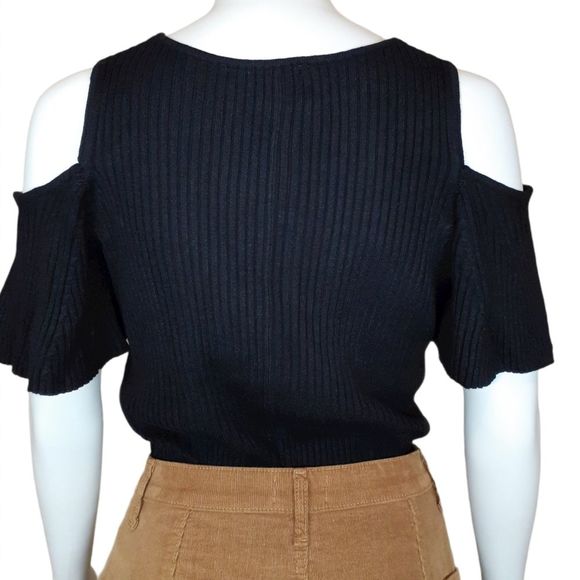 Roaman's Black Ribbed Sweater Material Cold Shoulder Bodycon Tunic Top 12 NWOT - Picture 9 of 9